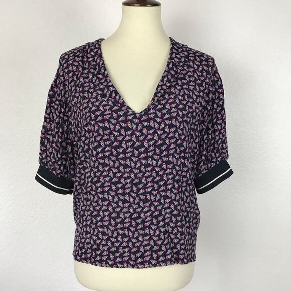 Zara Basic Pullover Shoe Print Tie Back V Neck Shirt - Picture 1 of 8